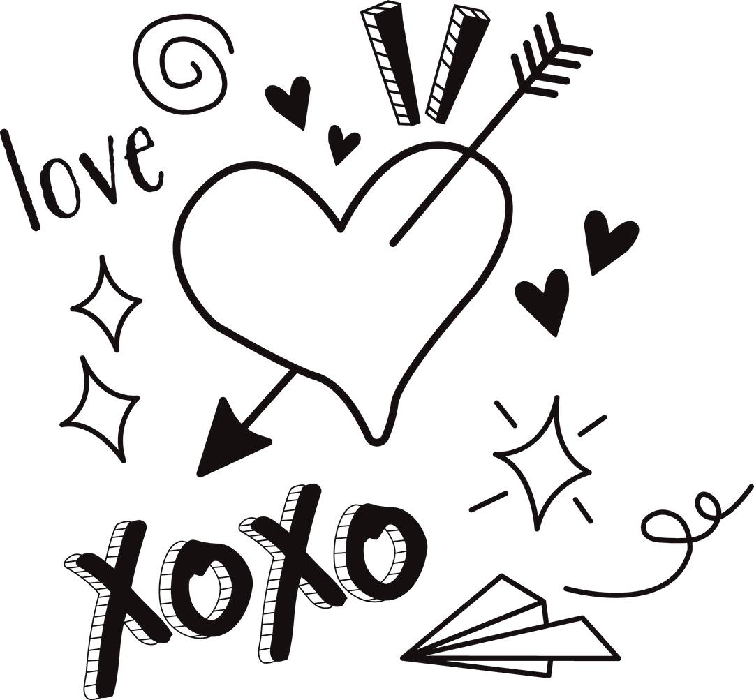 Transparent Heart and XOXO Doodles with Arrow and Paper Plane for Love