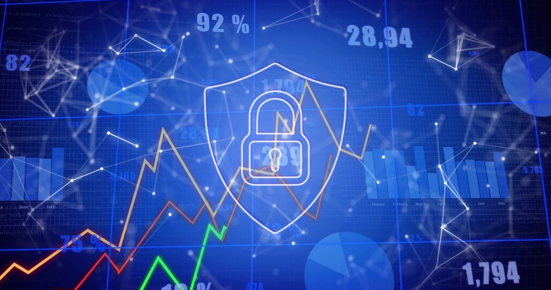 Lock and Shield Icon on Graph Background Depicting Cybersecurity
