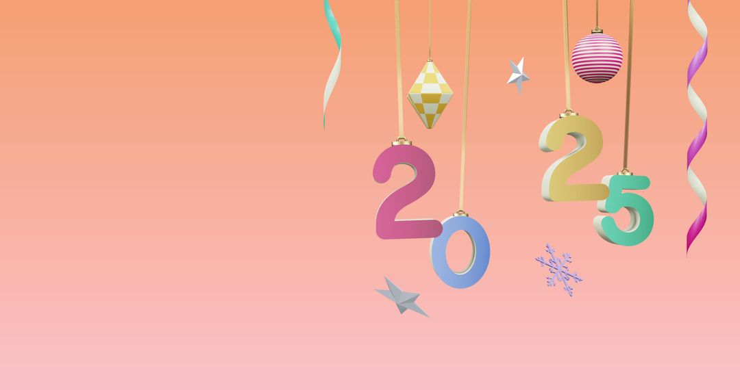 Hanging 2025 numbers with ornaments on pink background