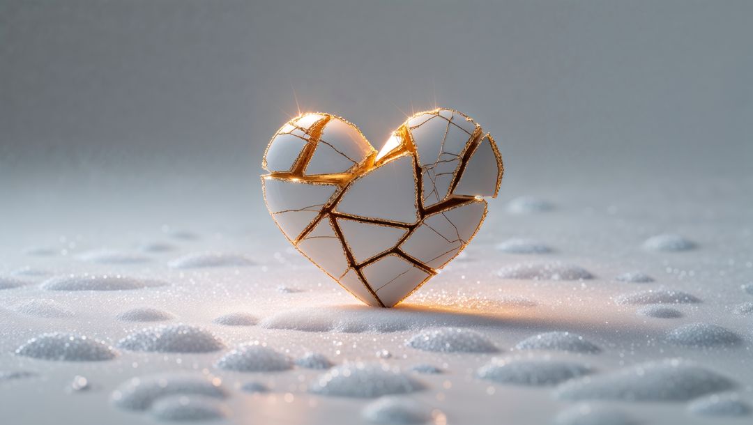 Broken heart sculpture with golden repairs on reflective surface, forgiveness concept