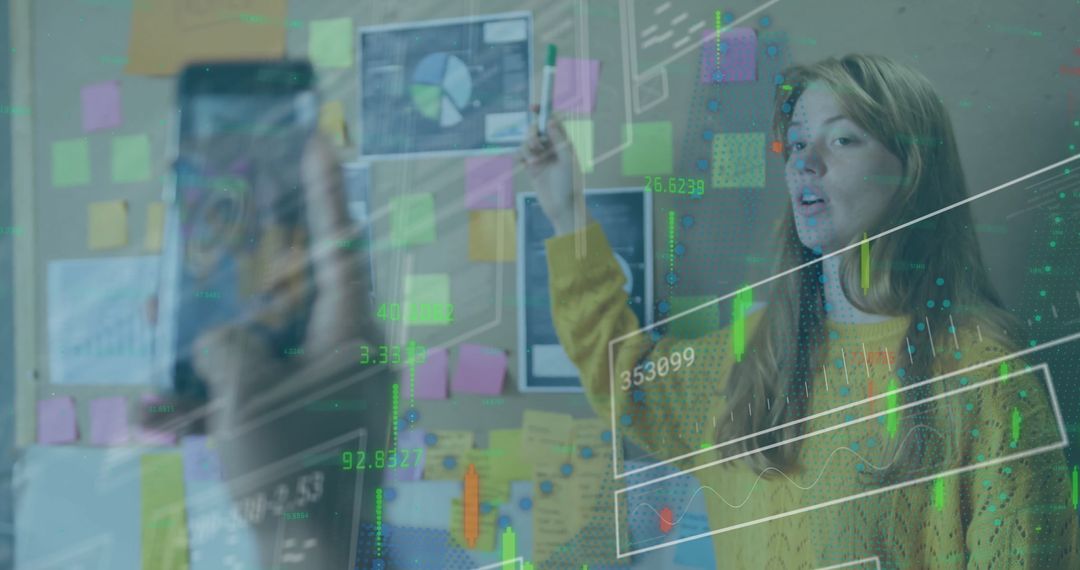 Young Woman Explaining Analytics with Technology Overlay in Office