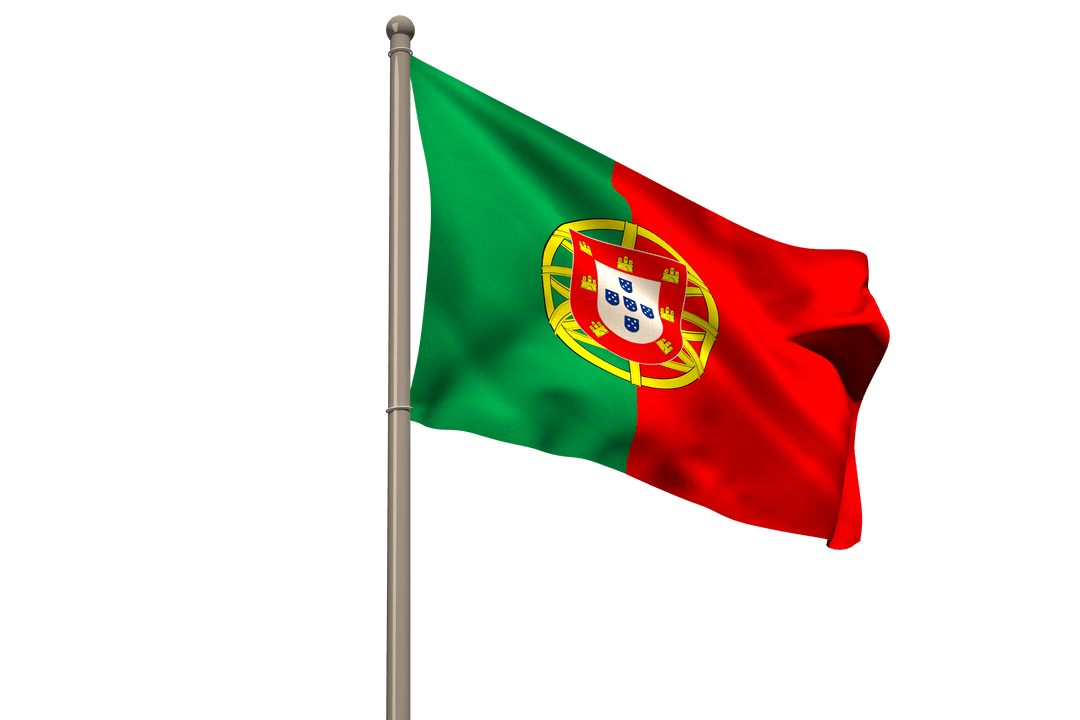 Portugal Flag Transparent Background on Pole, Waving National Symbol