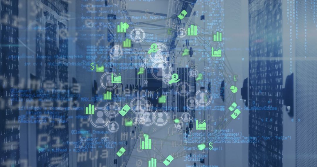 Global Finance Icons Mixed with Digital Data Overlays in Server Room