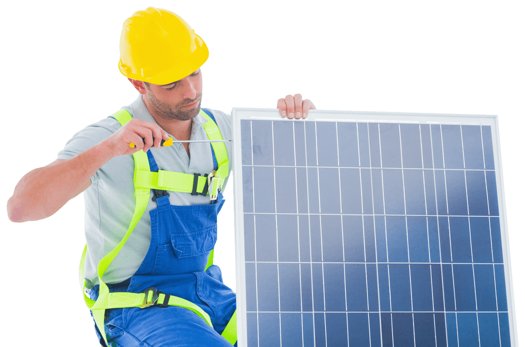 Technician Installing Solar Panel Wearing Hard Hat on Transparent Background