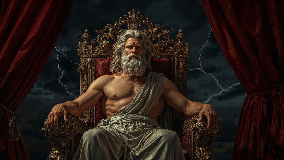 Ancient God on Throne with Storm and Lightning in Regal Setting