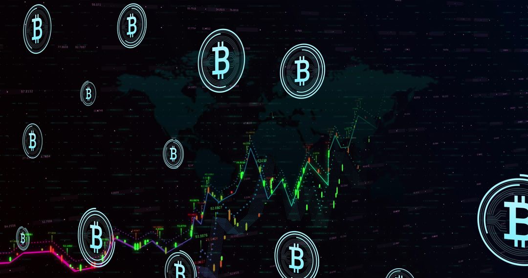 Floating Bitcoin Logos Overlaying Global Cryptocurrency Graphs