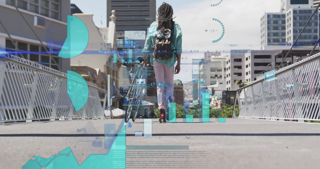 Urban Commuter Walking with Bicycle and Digital Overlay