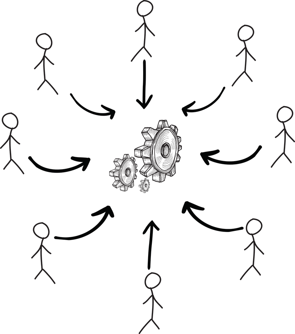 Transparent Illustration of Cogs and People Interconnected Workflow Concept