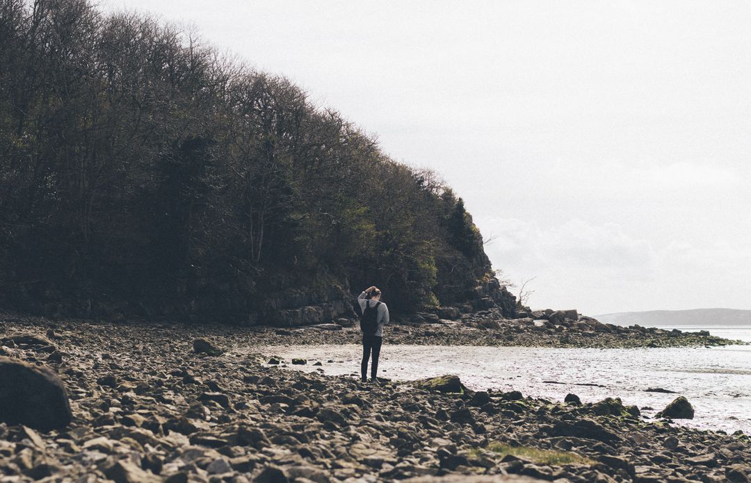 Solitary Person Exploring Rocky Beach by Forest - Free Images, Stock Photos and Pictures on Pikwizard.com