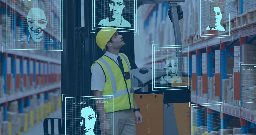 Warehouse Worker with Facial Recognition Tech Monitoring Workflow
