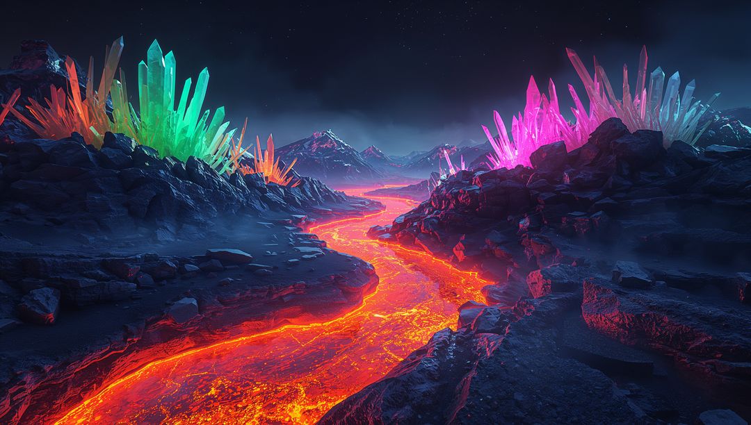 Fantasy Lava River Flowing Through Vibrant Crystalline Landscape