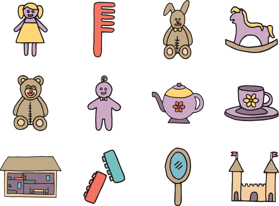 Colorful Toy Doodles on Transparent Background for Design Projects