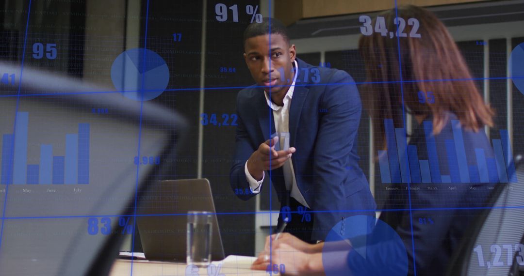Business Presentation with Financial Data Overlay in Office Meeting