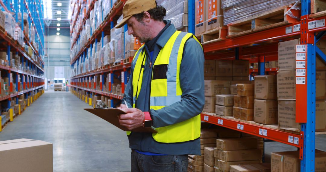 Warehouse worker in safety vest checking inventory in large storage facility - Free Images, Stock Photos and Pictures on Pikwizard.com