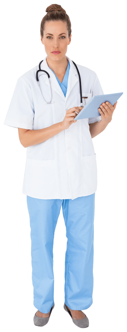 Modern Nurse in Blue Scrubs Using Tablet on Transparent Background
