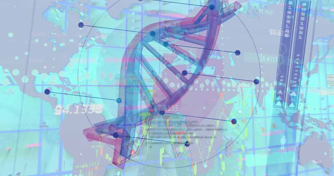 DNA Strand Over Digital Data with World Map Overlay