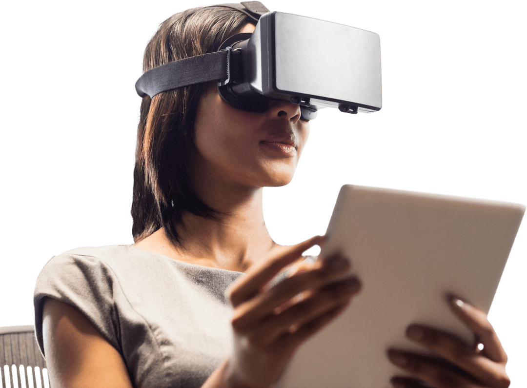 Biracial Woman Using VR Headset and Tablet Transparent Background