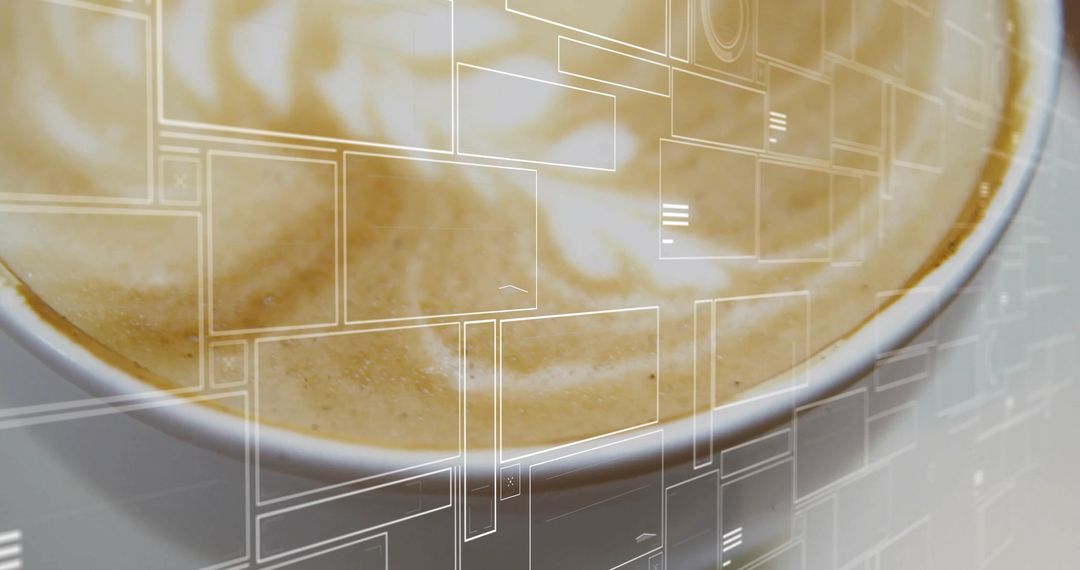 Latte Foam Closeup with Geometric Digital Overlay for Cafe Tech Branding and Background