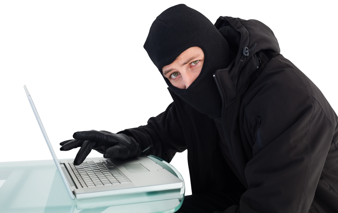 Hacker in Black Mask Working on Transparent Background - Download Free Stock Images Pikwizard.com