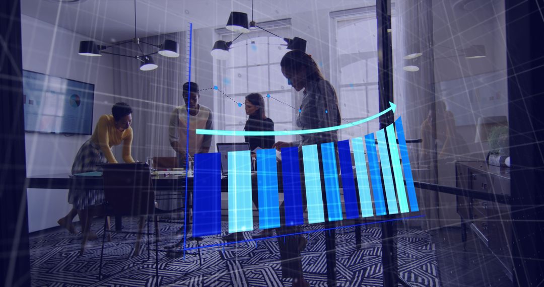 Diverse Business Team Analyzing Projects with Digital Graph Overlay