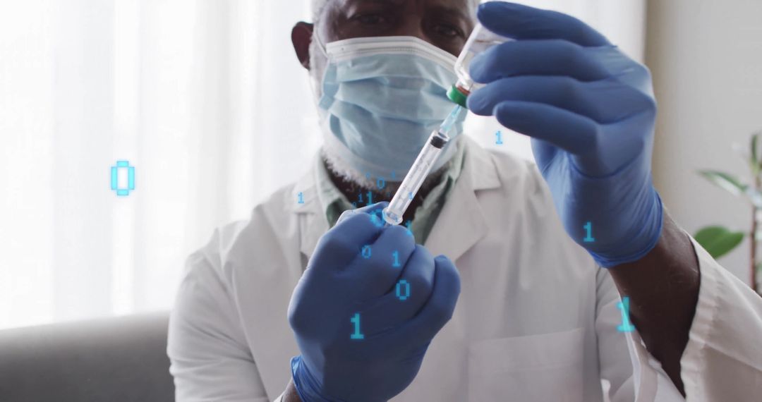 Doctor Preparing Vaccine with Digital Binary Overlay
