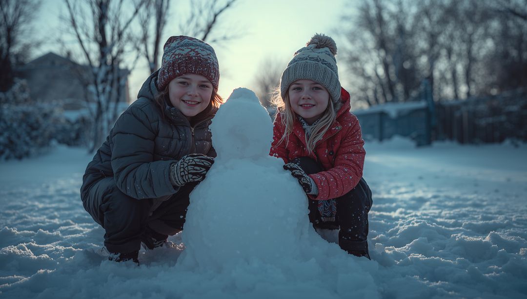 Children Joyfully Building Snowman in Winter Backyard Dusk