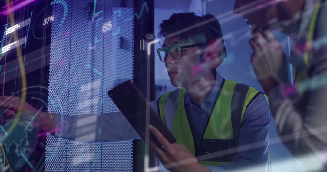 Data Technicians Analyzing Information in High-Tech Server Room