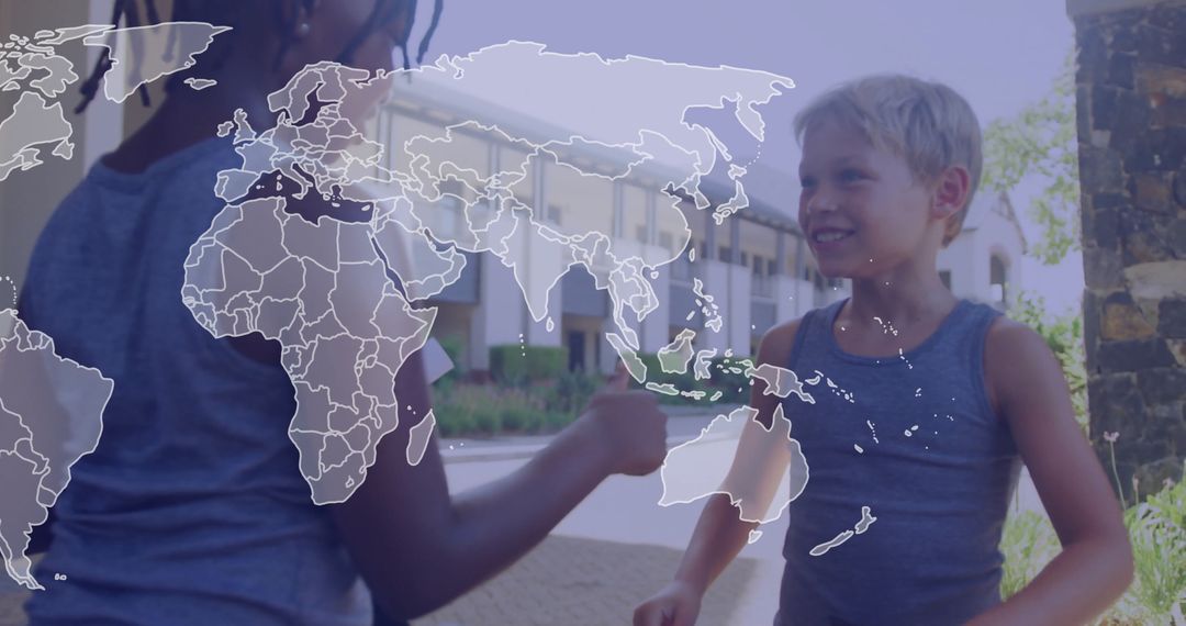 Diverse Kids Fist-Bumping with Global Unity Theme Overlay