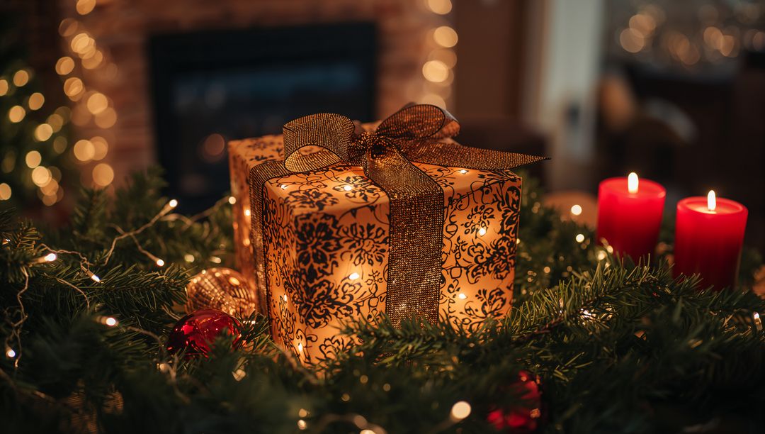 Glowing Ornate Gift Box on Festive Mantel Surrounded by Garland, Fairy Lights and Candlelight