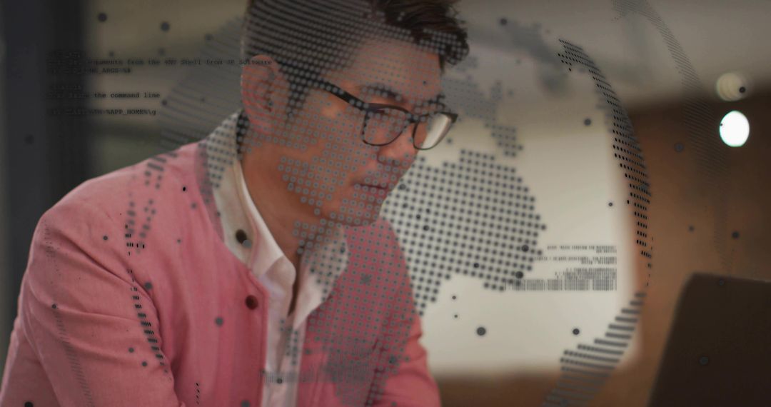 Asian Professional Analyzing Data Overlay on Laptop in Modern Office