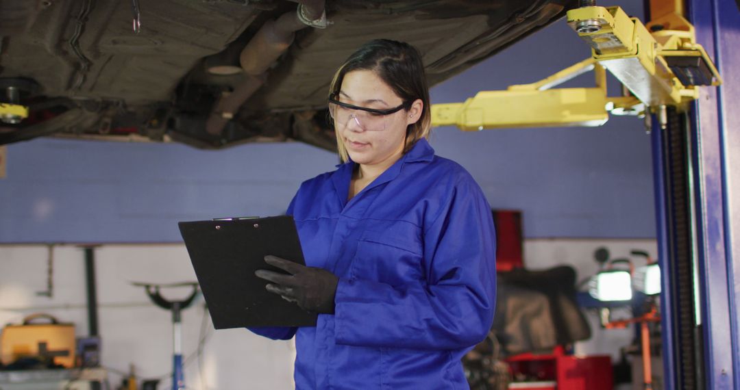 Female Mechanic Inspecting Vehicle Under Car Lift with Clipboard - Free Images, Stock Photos and Pictures on Pikwizard.com