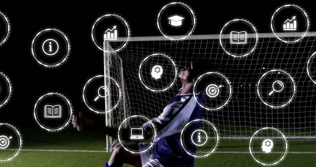Athlete Saving Soccer Goal with Digital Technology Overlay