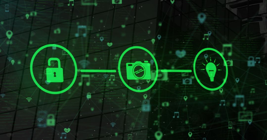 Digital Network with Glowing Green Icons on Glass Building
