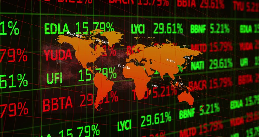 Global Stock Market Statistics with Digital World Map Overlay