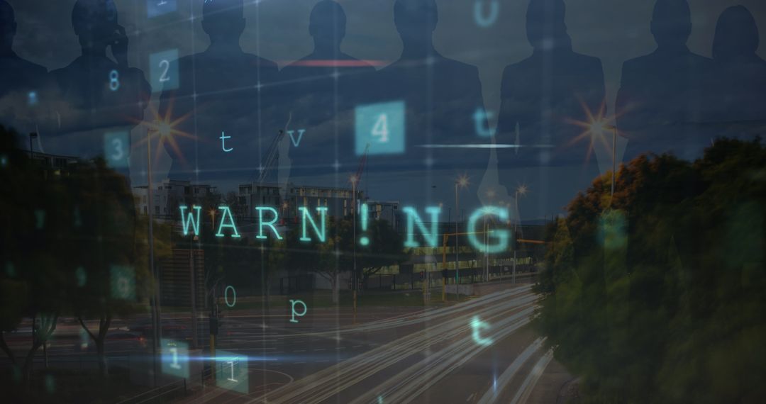 Cybersecurity Warning Overlays Digitally Enhanced Cityscape