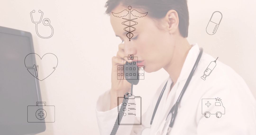 Doctor Consulting via Phone with Medical Icons Overlay