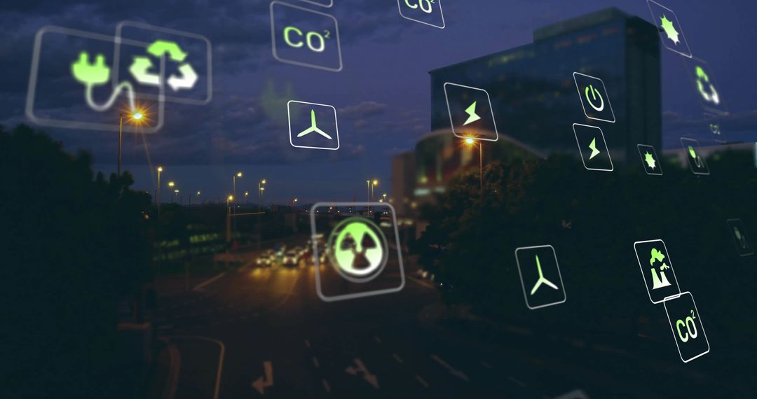Digital Eco Symbols with Cityscape at Dusk