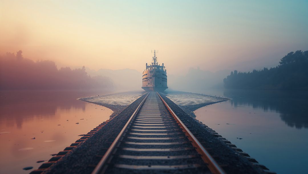 Ferry Moored on Railroad Causeway at Dawn Reflecting Serenity