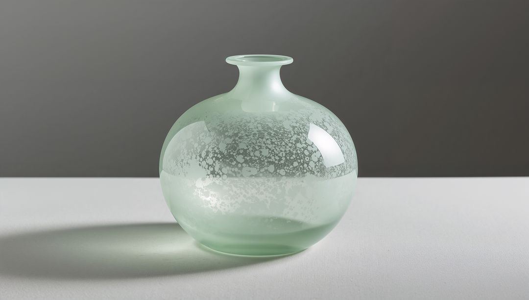 Mint globular glass vase with mottled frosted pattern on minimalist white table