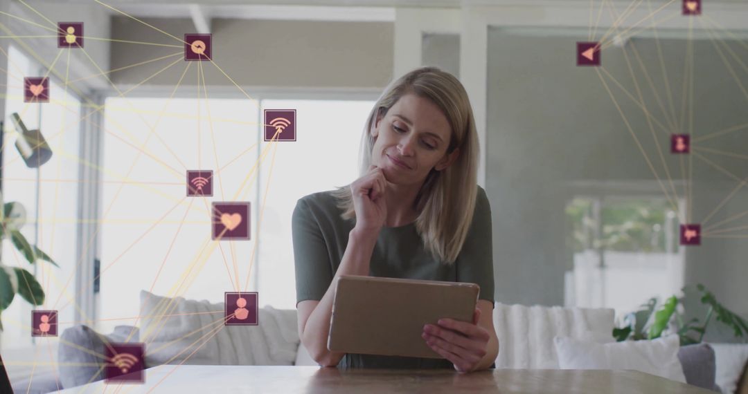 Woman Exploring Digital Network Interfaces on Tablet