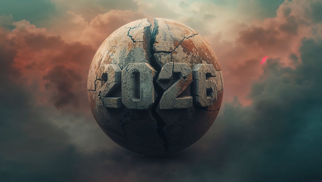 Cracking monumental stone orb embossing 2026 amid dramatic storm clouds