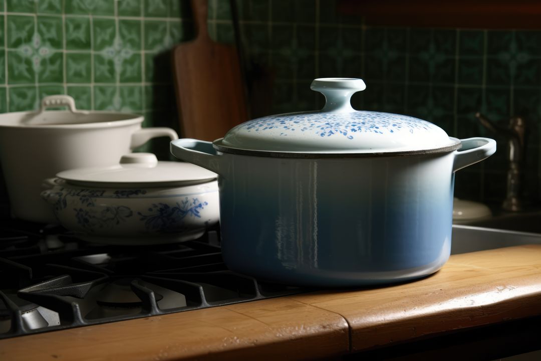A vintage blue pot sits on a stove, evoking a homey feel - Free Images, Stock Photos and Pictures on Pikwizard.com