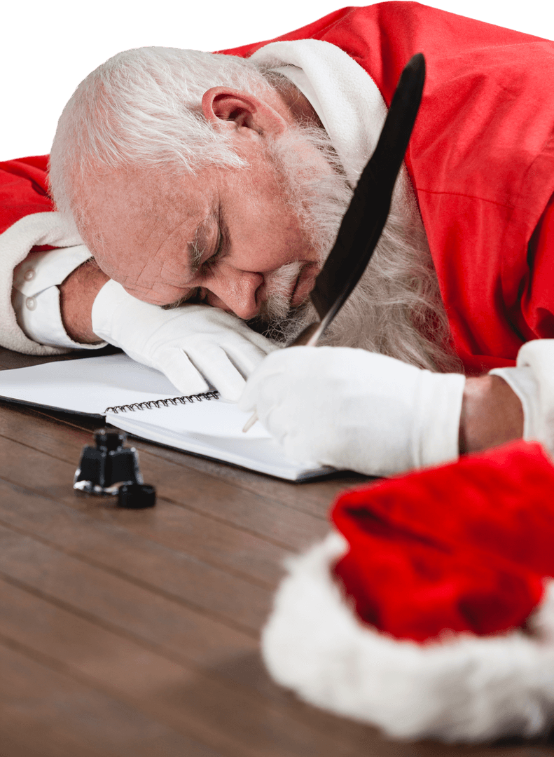 Transparent Background of Santa Claus Sleeping at Desk While Writing