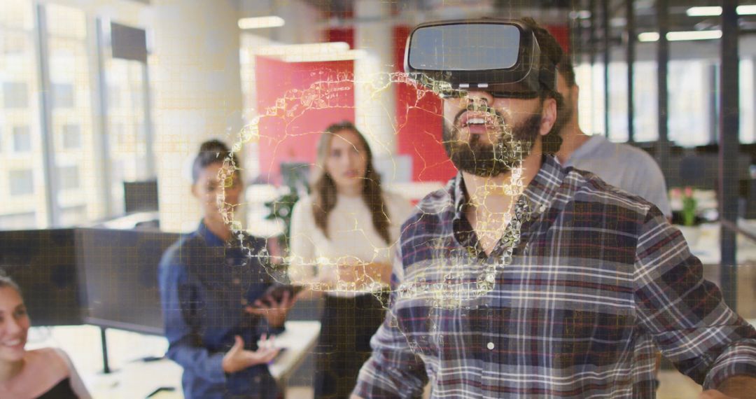 Man Wearing VR Headset Interacting with Holographic Map in Modern Office