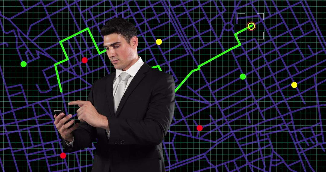 Businessman Using Smartphone with GPS Navigation Background
