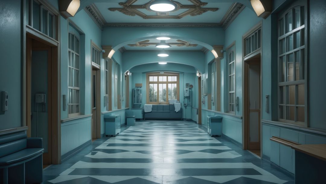 Empty mental institution corridor with minimalist design and tiled floor