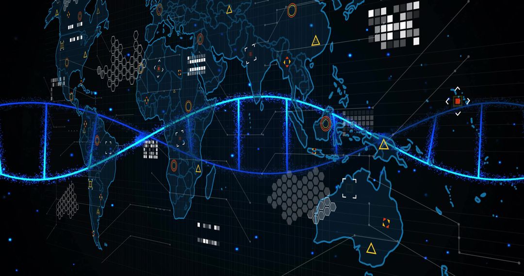 Futuristic Global Technology with DNA and World Map Visualization