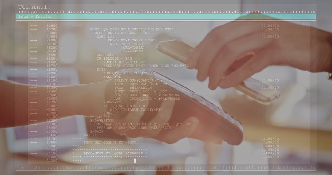 Digital Payment Technology Concept with Overlaid Code Visualization