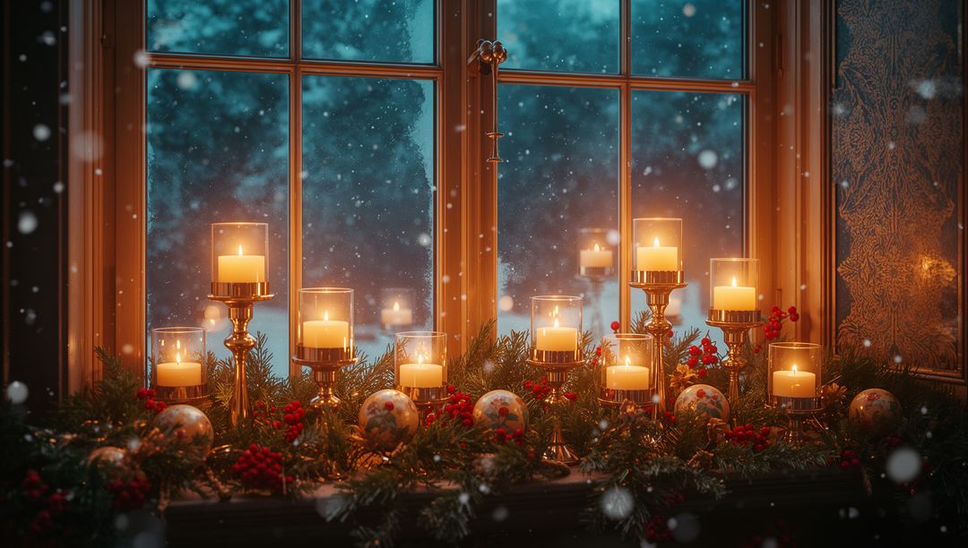 Cozy Christmas Window Display with Candles and Garland Inside