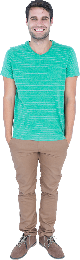 Smiling Man in Green Shirt and Brown Pants, Transparent Background